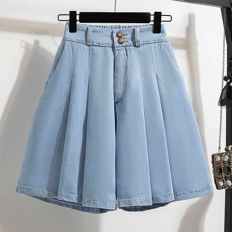 Plus size women's Tencel Denim shorts summer Thin Ice Silk chubby girl loose slimming small wide leg shorts