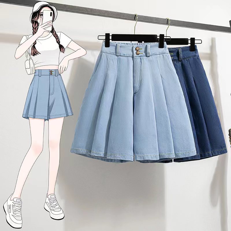 Plus size women's Tencel Denim shorts summer Thin Ice Silk chubby girl loose slimming small wide leg shorts